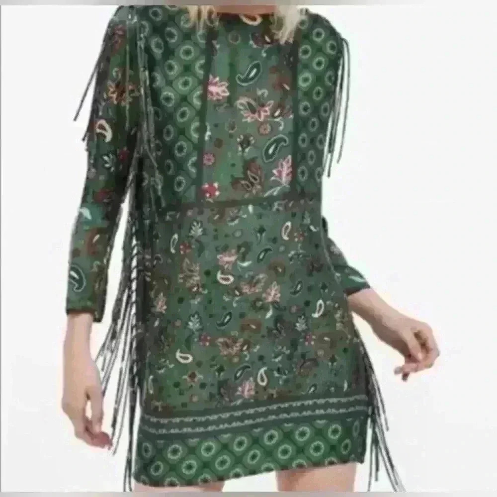 Zara Woman Green Paisley Print Fringe Tunic Dress